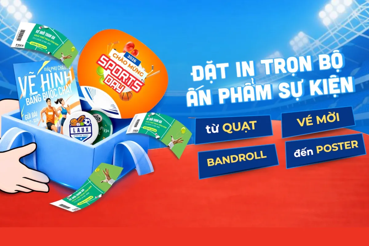 Đặt in trọn bộ ấn phẩm sự kiện tại TGIA: In quạt, vé mời, tờ rơi, poster, băng rôn, vòng tay, hashtag cầm tay, cover ly